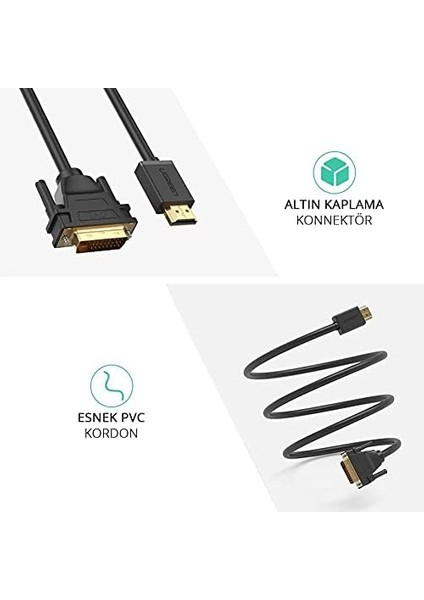 HDMI DVI 1080P Çift Yönlü Görüntü Aktarma Kablosu, 1.5 Metre