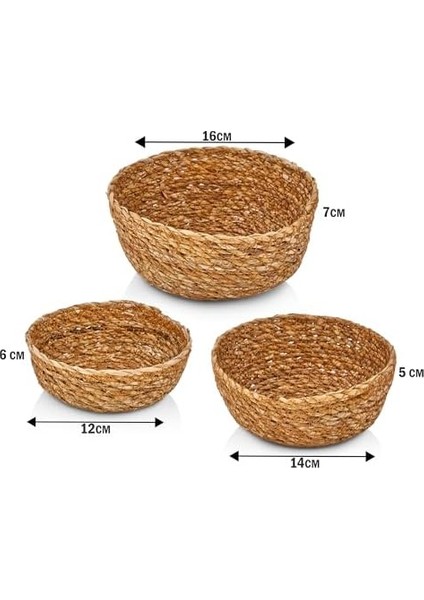 3'lü El Yapımı Hasır Yuvarlak Dekoratif Çerezlik Meyvelik, Dekoratif Amaçlı Mini Hasır Sepetler (16CM*7CM-14CM*6CM-12CM*5CM) fiyatları