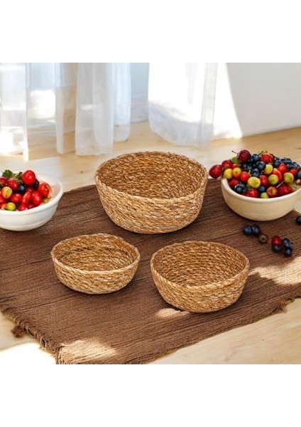 3'lü El Yapımı Hasır Yuvarlak Dekoratif Çerezlik Meyvelik, Dekoratif Amaçlı Mini Hasır Sepetler (16CM*7CM-14CM*6CM-12CM*5CM) modelleri