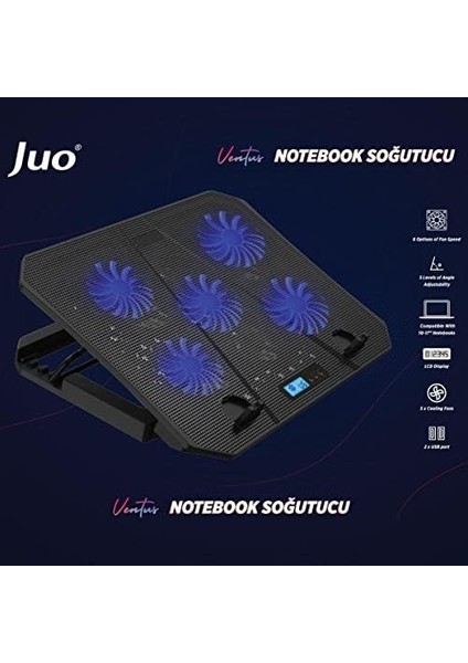 Ventus 5 Fanlı LED Aydınlatmalı Notebook Soğutucu Siyah
