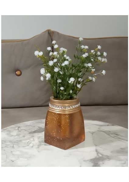 Dahil,vazo Dahil,vazoda Çiçek,beyaz Yapay Çiçek,vazo Dekoratif Taşlı Altın Poliresin 7X7X15CM
