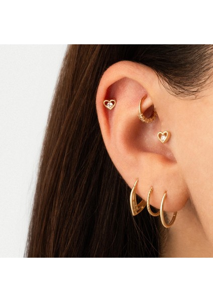 14 Ayar Altın Taşlı Kalp Minimal Tragus Piercing