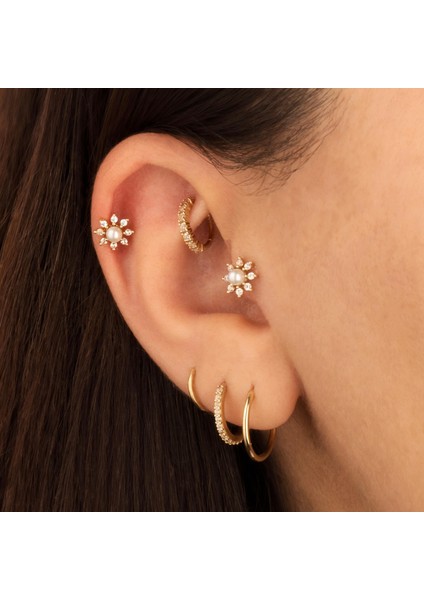 14 Ayar Altın Incili Çiçek Minimal Tragus Piercing