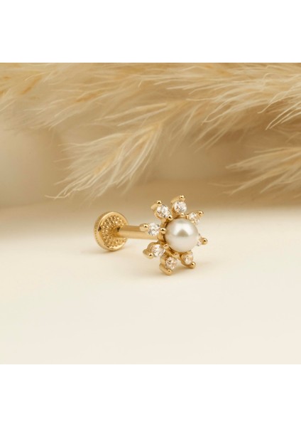 14 Ayar Altın Incili Çiçek Minimal Tragus Piercing