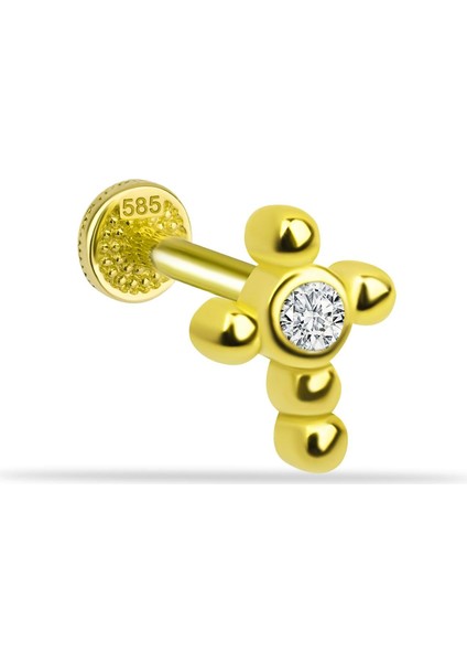 14 Ayar Altın Taşlı Haç Minimal Tragus Piercing