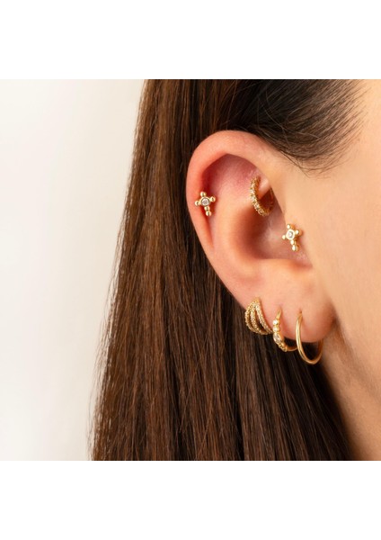 14 Ayar Altın Taşlı Haç Minimal Tragus Piercing