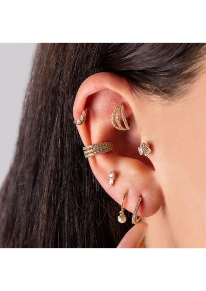 14 Ayar Altın Baget Taşlı Minimal Tragus Piercing