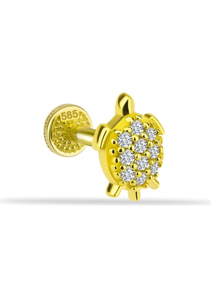 14 Ayar Altın Taşlı Kaplumbağa Motifli Minimal Tragus Piercing