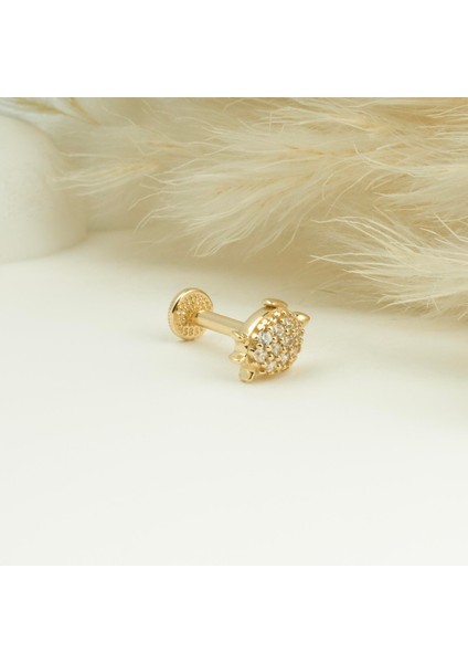 14 Ayar Altın Taşlı Kaplumbağa Motifli Minimal Tragus Piercing