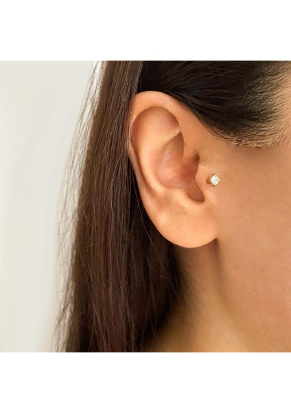 14 Ayar Altın Kare Taşlı Minimal Tragus Piercing