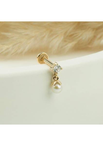 14 Ayar Altın Taşlı Inci Sallantılı Minimal Tragus Piercing modelleri