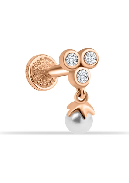 14 Ayar Altın 3 Taşlı Inci Sallantılı Minimal Tragus Piercing