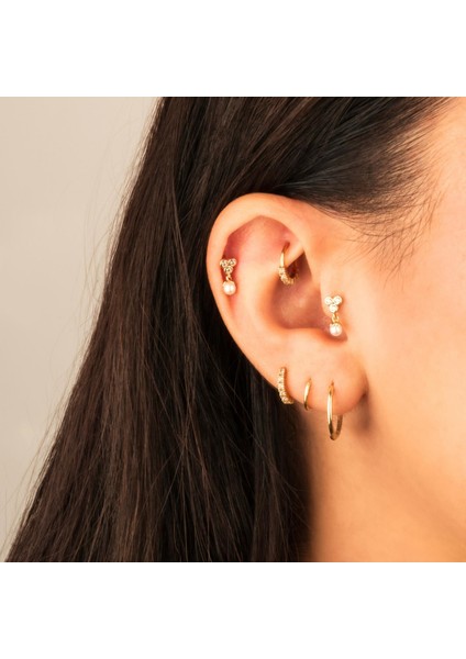 14 Ayar Altın 3 Taşlı Inci Sallantılı Minimal Tragus Piercing