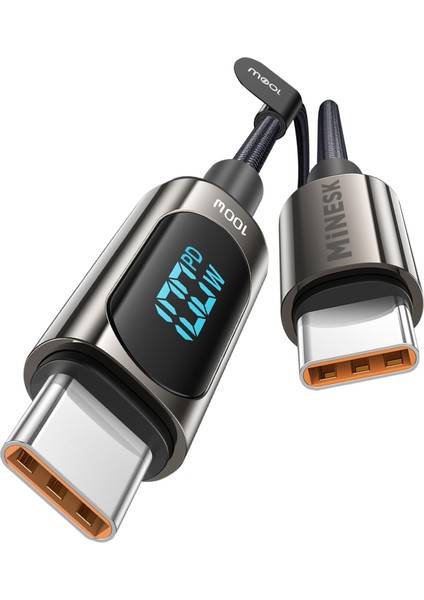 Type C Kablo 100 Watt Güç ve LCD Ekran Pd Type-C Hızlı Şarj Kablosu ve Data Aktarım Kablosu 100 cm Uzunluk Kopmaz Örgü Şarj Kablosu Metal Uçlar (100 Watt Ekranlı)