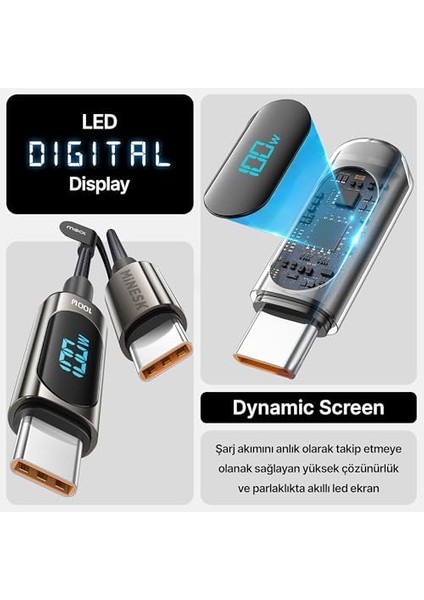 Type C Kablo 100 Watt Güç ve LCD Ekran Pd Type-C Hızlı Şarj Kablosu ve Data Aktarım Kablosu 100 cm Uzunluk Kopmaz Örgü Şarj Kablosu Metal Uçlar (100 Watt Ekranlı)