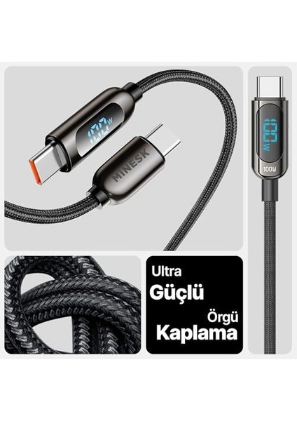 Type C Kablo 100 Watt Güç ve LCD Ekran Pd Type-C Hızlı Şarj Kablosu ve Data Aktarım Kablosu 100 cm Uzunluk Kopmaz Örgü Şarj Kablosu Metal Uçlar (100 Watt Ekranlı)