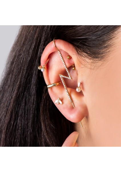14 Ayar Altın Baget Taşlı Minimal Tragus Piercing