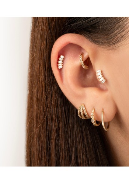 14 Ayar Altın 5 Baget Taşlı Minimal Tragus Piercing