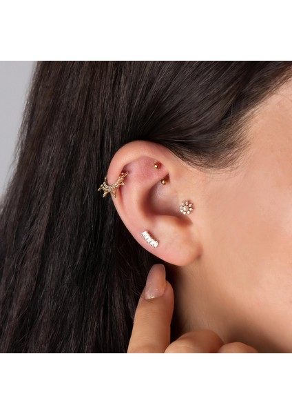 14 Ayar Altın 5 Baget Taşlı Minimal Tragus Piercing