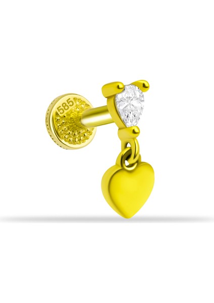 14 Ayar Altın Markis Taşlı Kalp Sallantılı Minimal Tragus Piercing