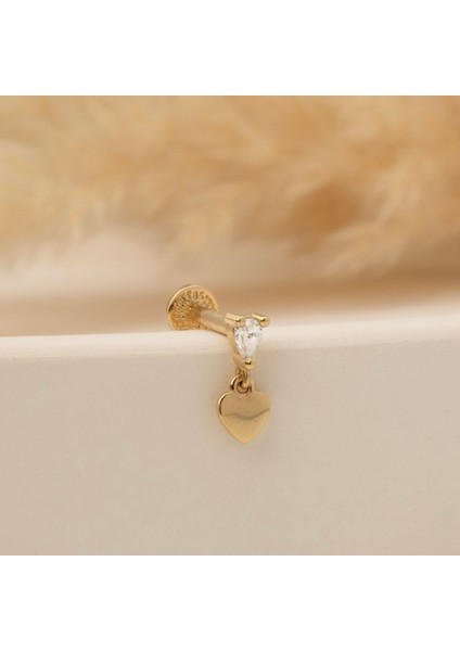 14 Ayar Altın Markis Taşlı Kalp Sallantılı Minimal Tragus Piercing