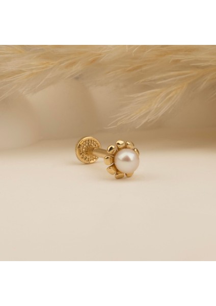 14 Ayar Altın Incili Çiçek Minimal Tragus Piercing