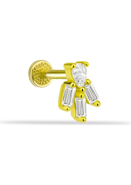 14 Ayar Altın Baget Taşlı Motifli Minimal Tragus Piercing