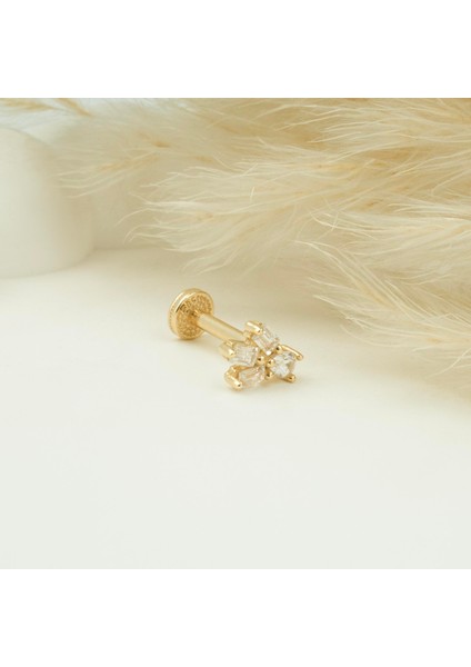 14 Ayar Altın Baget Taşlı Motifli Minimal Tragus Piercing