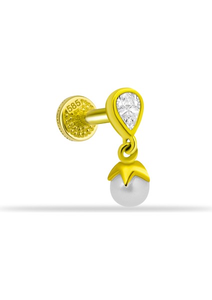 14 Ayar Altın Damla Taşlı Inci Sallantılı Minimal Tragus Piercing