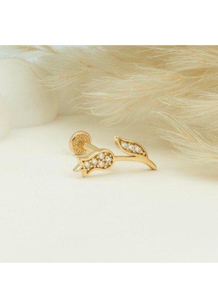 14 Ayar Altın Taşlı Lale Minimal Tragus Piercing