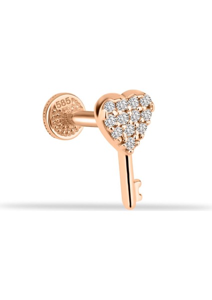 14 Ayar Altın Taşlı Kalbin Anahtarı Minimal Tragus Piercing