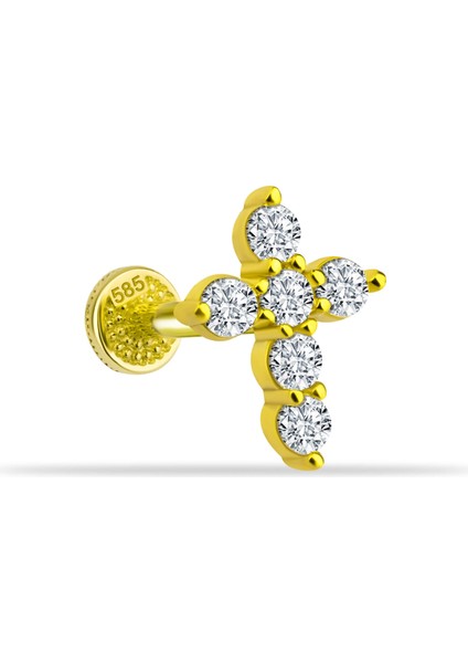 14 Ayar Altın Taşlı Haç Tragus Piercing