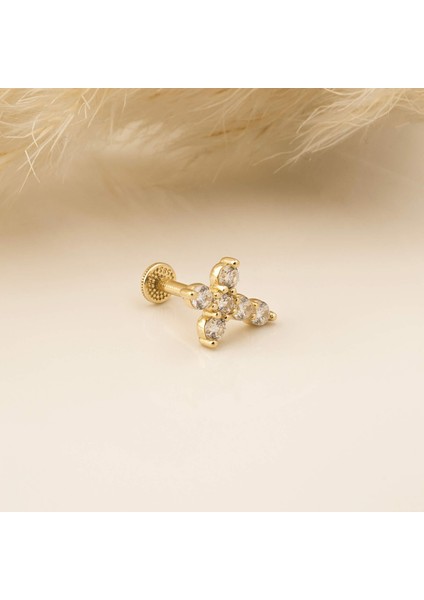 14 Ayar Altın Taşlı Haç Tragus Piercing