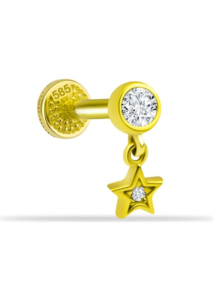 14 Ayar Altın Taşlı Yıldız Sallantılı Minimal Tragus Piercing