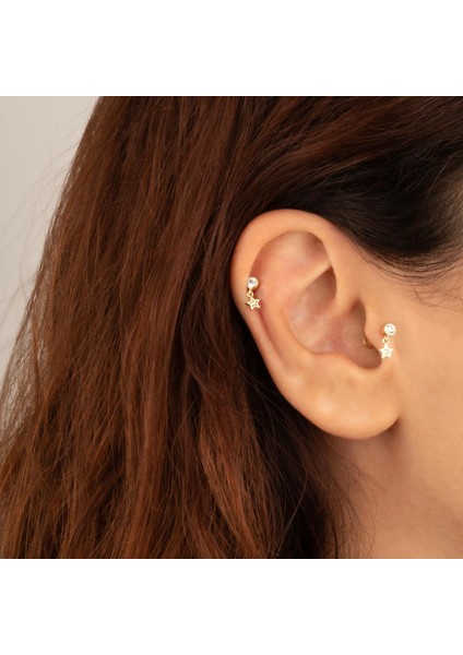 14 Ayar Altın Taşlı Yıldız Sallantılı Minimal Tragus Piercing