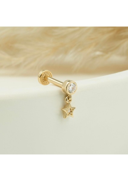 14 Ayar Altın Taşlı Yıldız Sallantılı Minimal Tragus Piercing