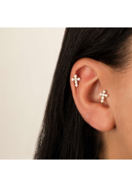 14 Ayar Altın Taşlı Haç Tragus Piercing