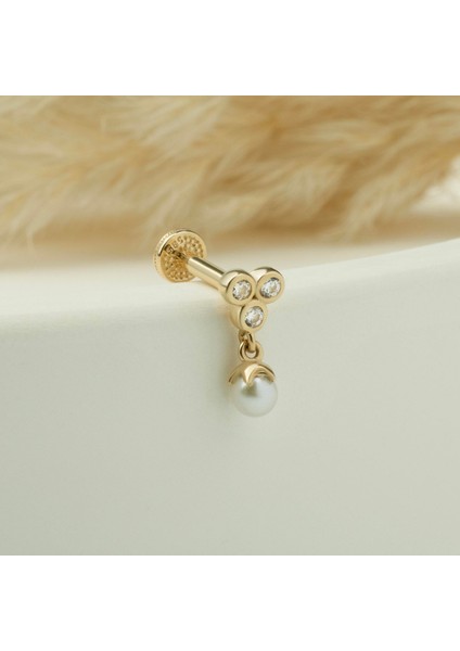 14 Ayar Altın 3 Taşlı Inci Sallantılı Minimal Tragus Piercing