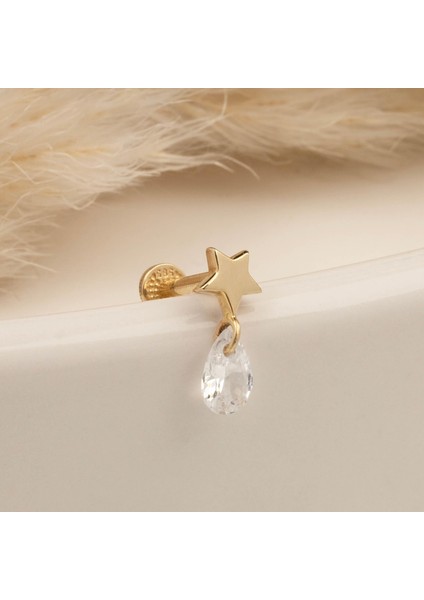 14 Ayar Altın Damla Taş Sallantılı Minimal Tragus Piercing indirimleri