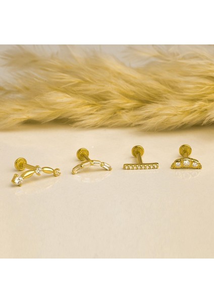 14 Ayar Altın Taşlı Motfili Minimal Tragus Piercing