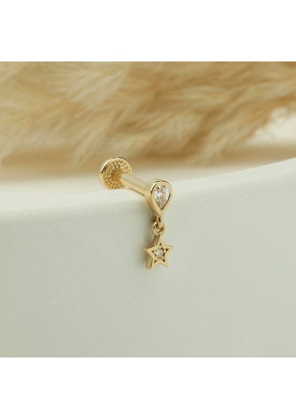 14 Ayar Altın Damla Taş Sallantılı Minimal Tragus Piercing
