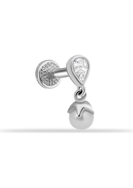 14 Ayar Altın Damla Taşlı Inci Sallantılı Minimal Tragus Piercing