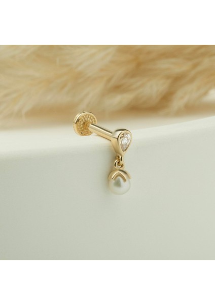 14 Ayar Altın Damla Taşlı Inci Sallantılı Minimal Tragus Piercing modelleri