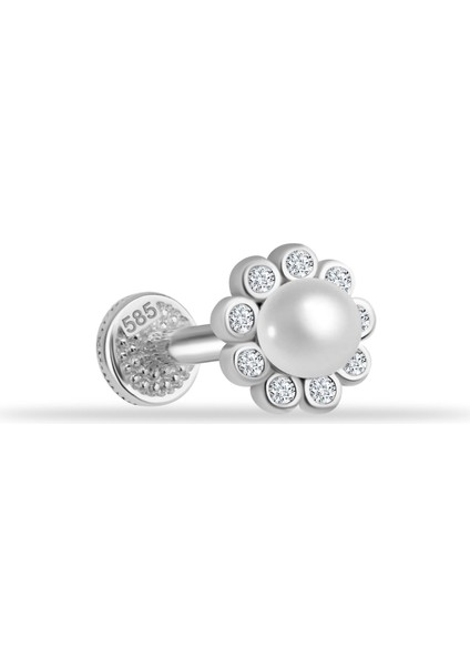 14 Ayar Altın Incili Çiçek Minimal Tragus Piercing