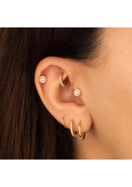 14 Ayar Altın Incili Çiçek Minimal Tragus Piercing
