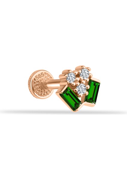14 Ayar Altın Yeşil Baget Taşlı Minimal Tragus Piercing