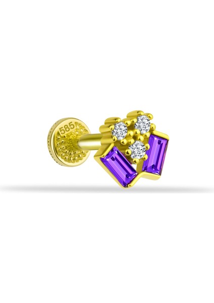 14 Ayar Altın Mor Baget Taşlı Minimal Tragus Piercing