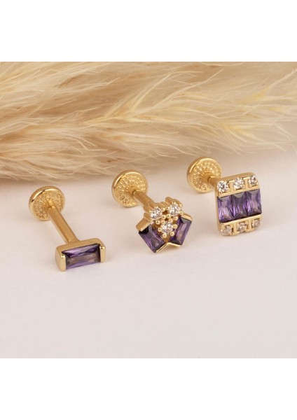 14 Ayar Altın Mor Baget Taşlı Minimal Tragus Piercing