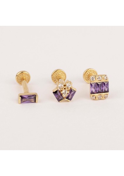 14 Ayar Altın Mor Baget Taşlı Minimal Tragus Piercing