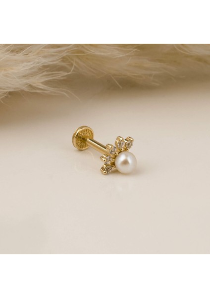 14 Ayar Altın Incili Yarım Çiçek Minimal Tragus Piercing